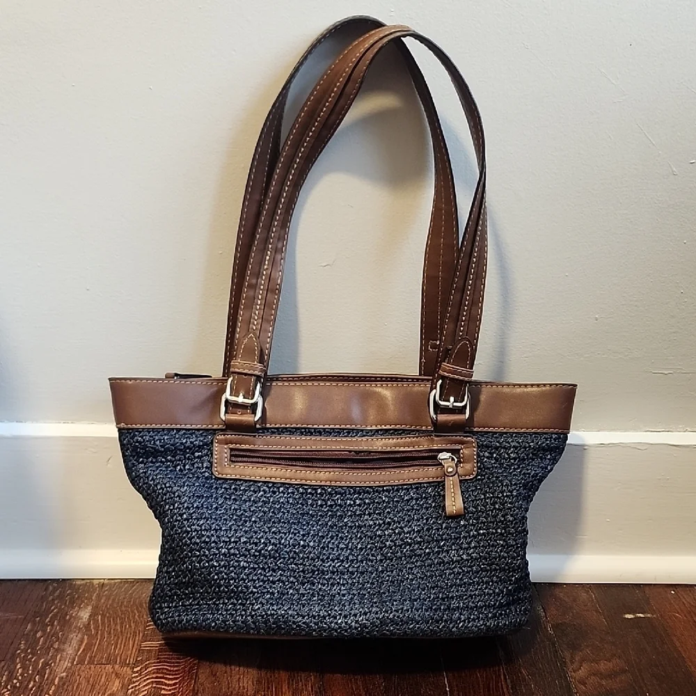 Chaps Navy Blue Woven Preppy Nautral Hippie Beach Shoulder Bag Classic Storage